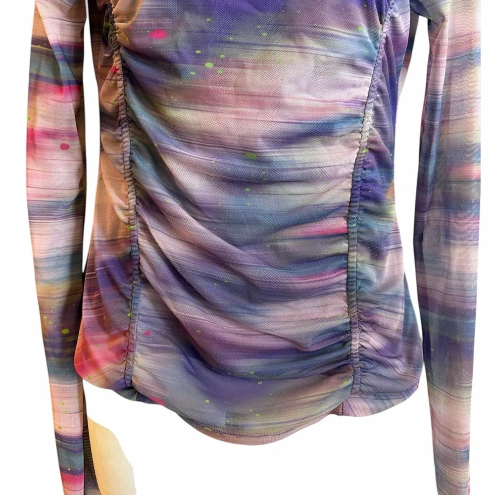 Anthropologie Mesh Top Size Medium Purple Pattern Double Layer Long Sleeve - Picture 6 of 15